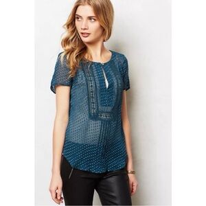 Meadow Rue Anthropologie Grasslands top teal Swiss dot silk sheer lace cut out